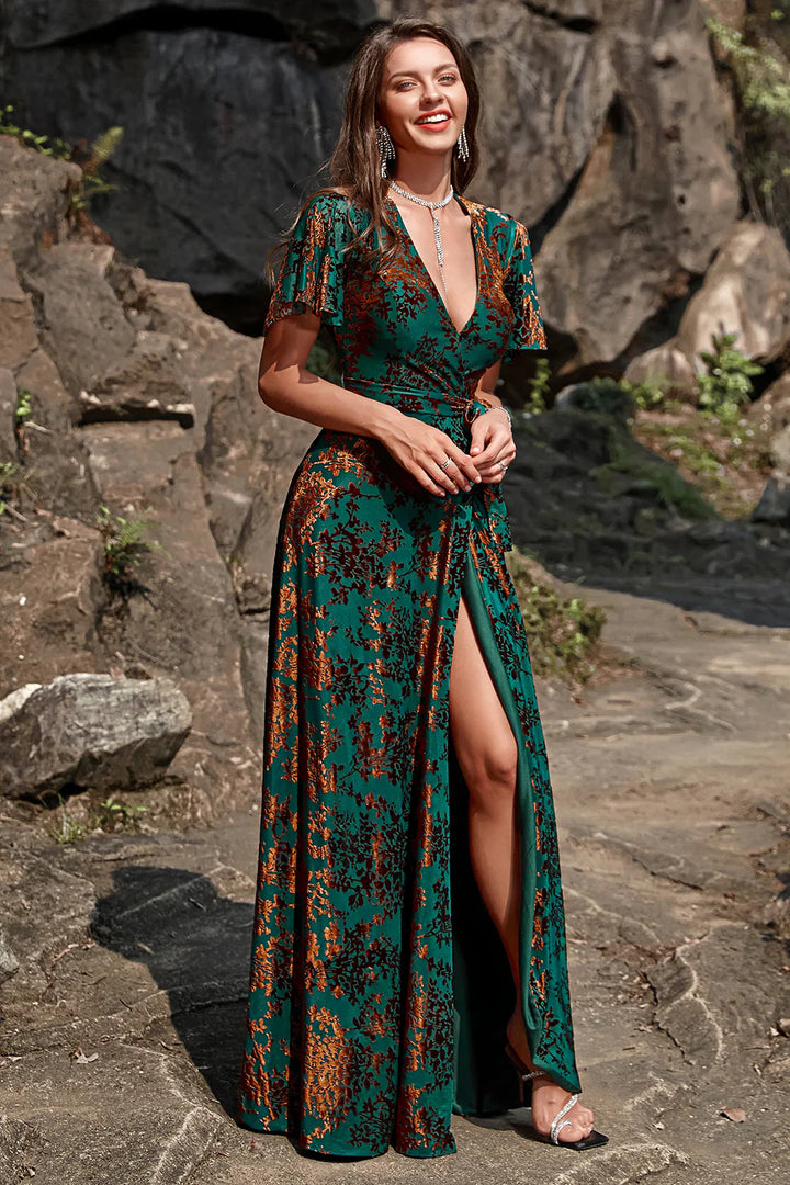 A-Line V Neck Dark Green Burnout Velvet Floor Length Dress with Short Sleeve