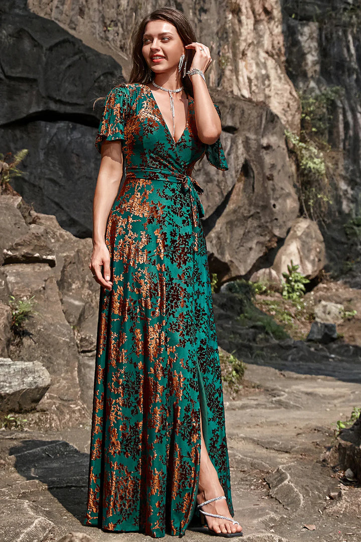 A-Line V Neck Dark Green Burnout Velvet Floor Length Dress with Short Sleeve