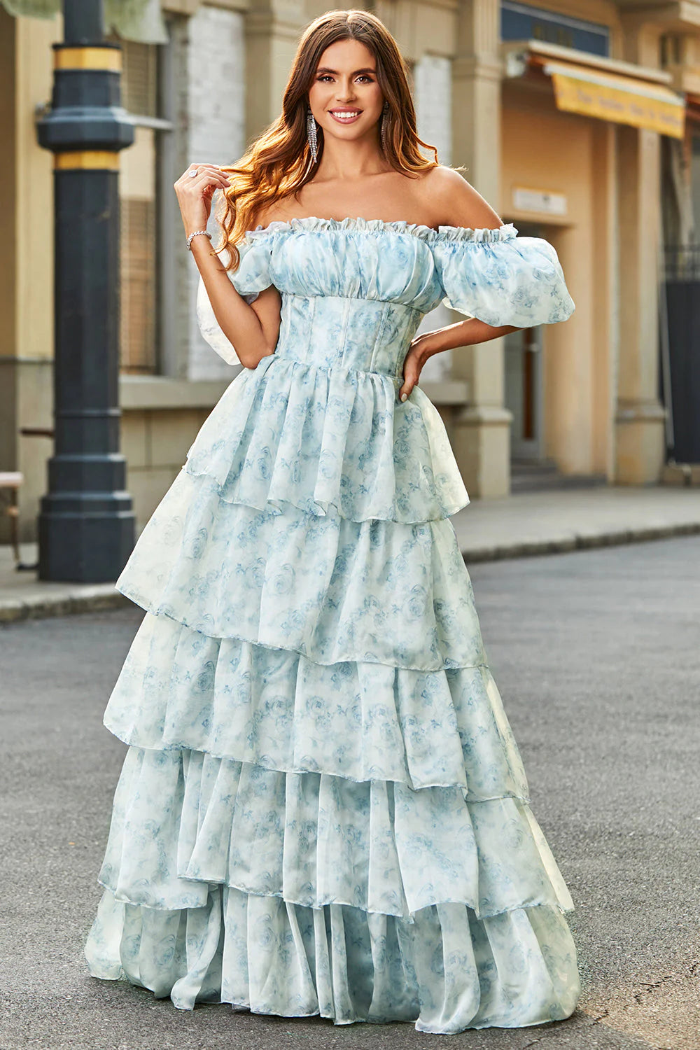 Light Blue A-Line Off The Shoulder Tiered Corset Prom Dress With Puff Sleeves