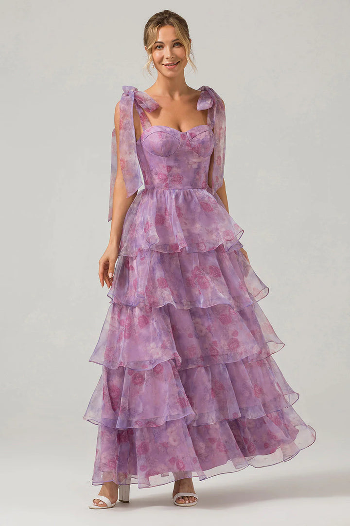 Purple A Line Spaghetti Straps Tiered Print Tea-Length Wedding Party Dress