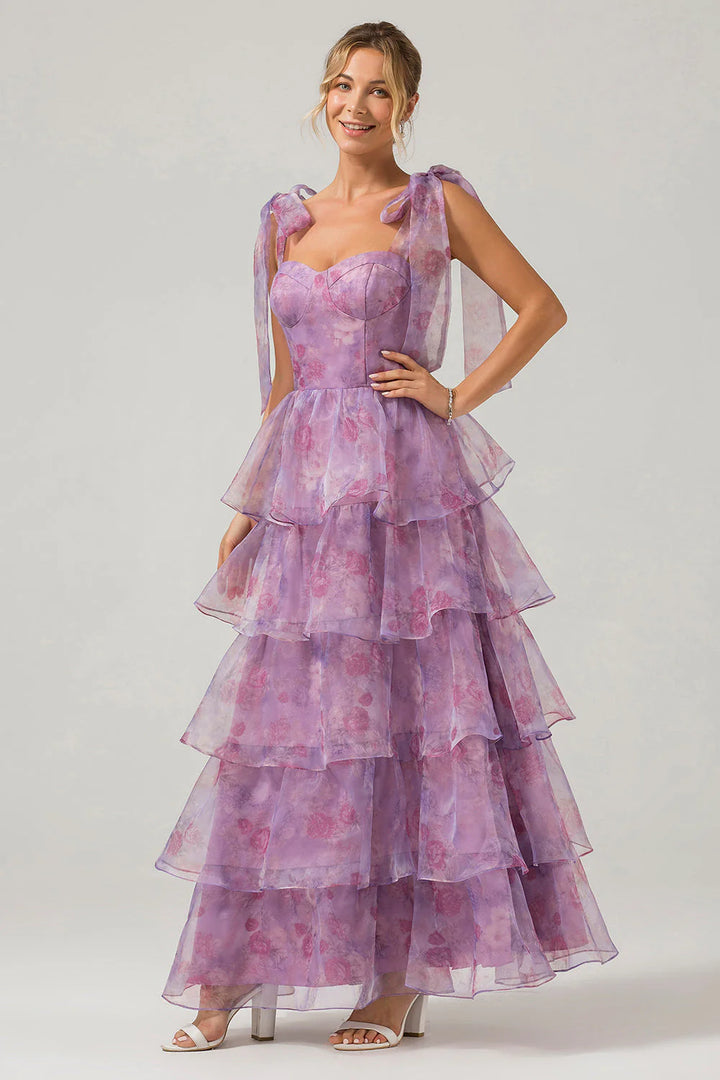 Purple A Line Spaghetti Straps Tiered Print Tea-Length Wedding Party Dress