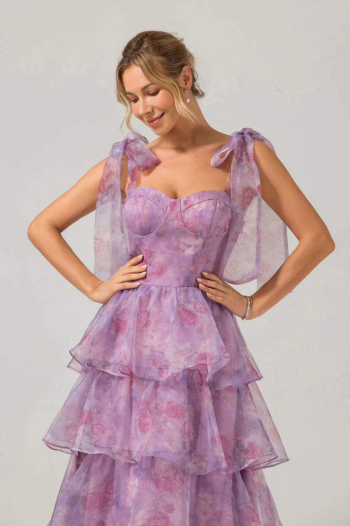 Purple A Line Spaghetti Straps Tiered Print Tea-Length Wedding Party Dress