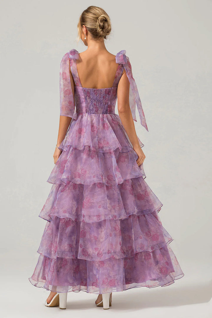 Purple A Line Spaghetti Straps Tiered Print Tea-Length Wedding Party Dress