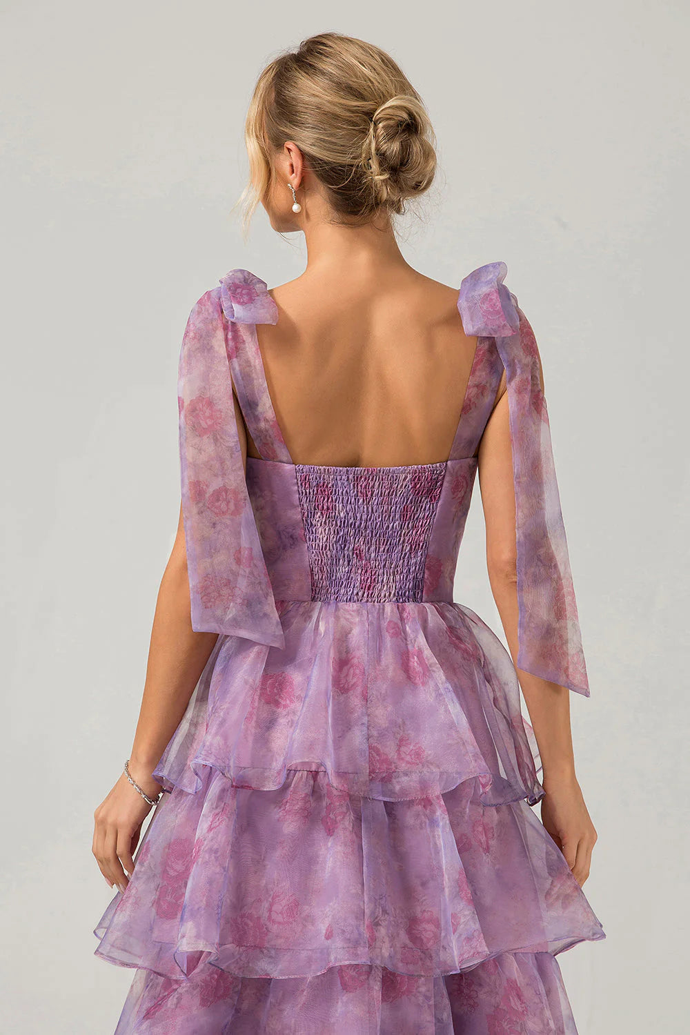 Purple A Line Spaghetti Straps Tiered Print Tea-Length Wedding Party Dress