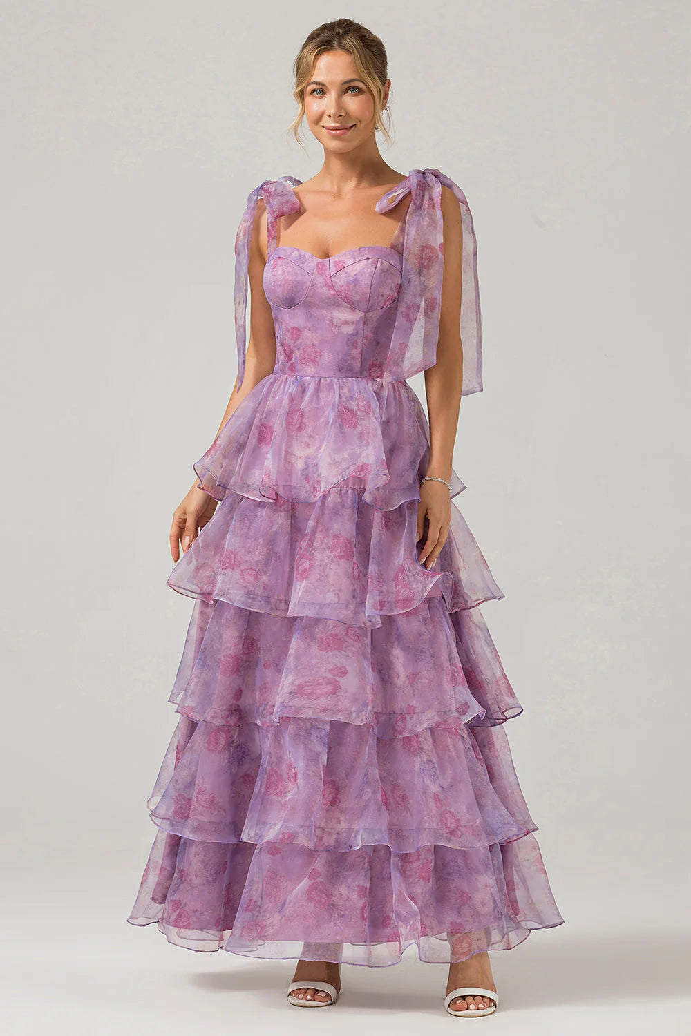 Purple A Line Spaghetti Straps Tiered Print Tea-Length Wedding Party Dress