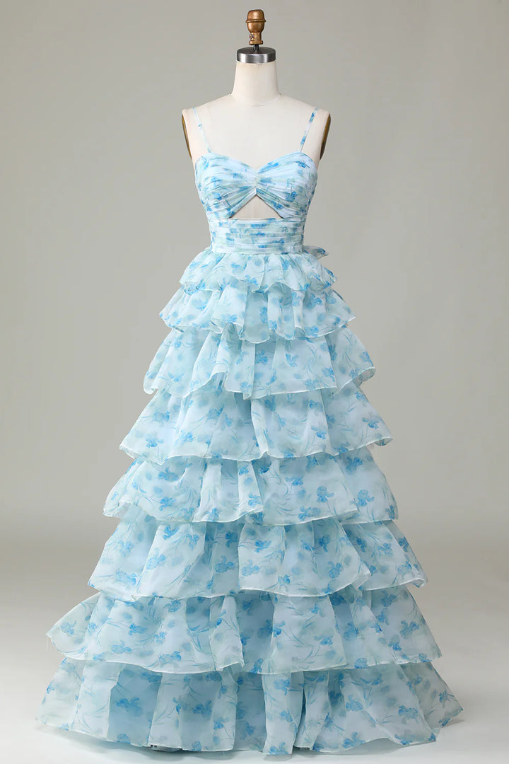 Blue Flower Princess Spaghetti Straps Cut Out Tiered Floor Length Dress