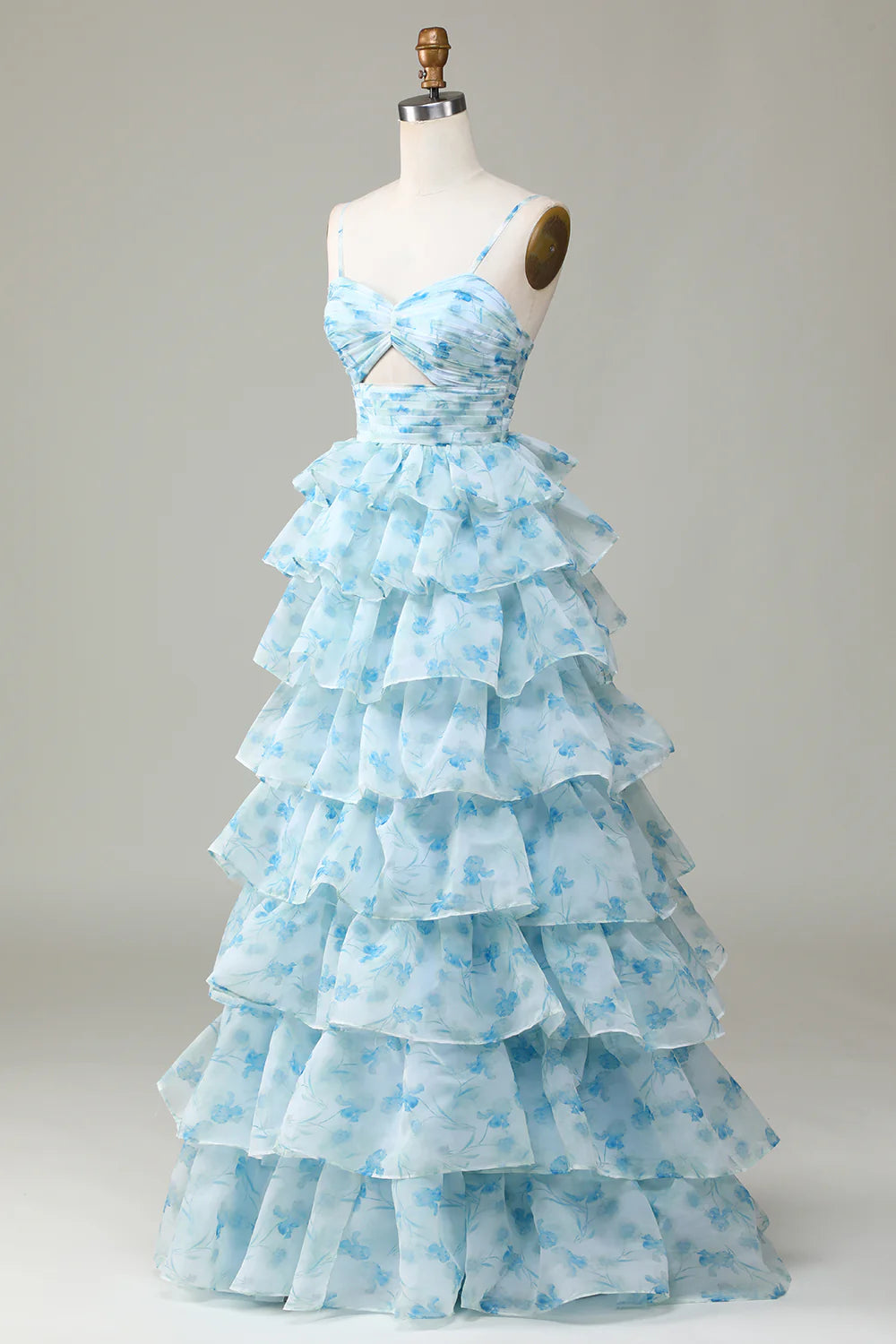 Blue Flower Princess Spaghetti Straps Cut Out Tiered Floor Length Dress