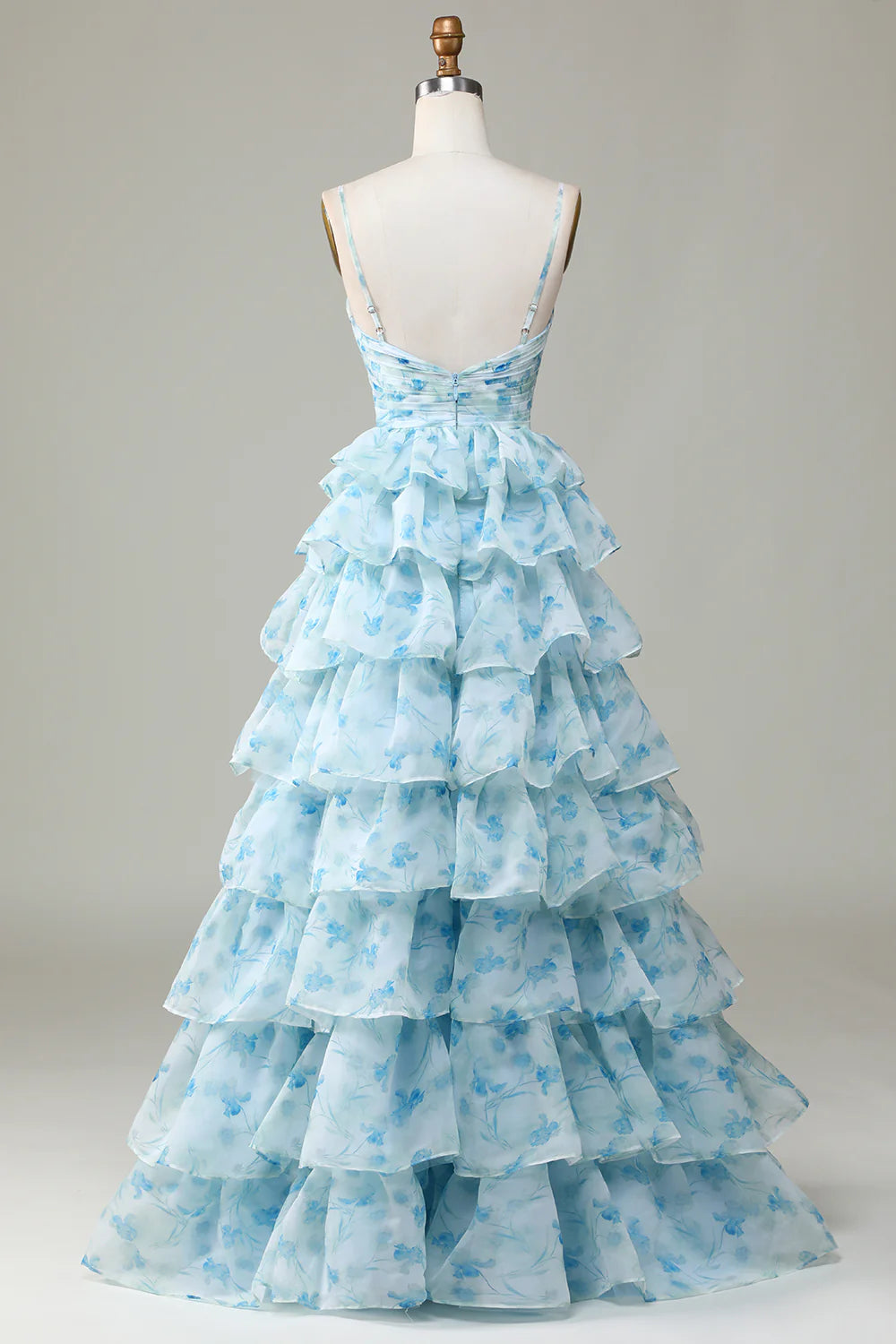 Blue Flower Princess Spaghetti Straps Cut Out Tiered Floor Length Dress