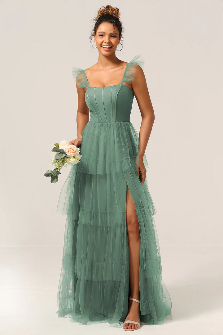 Eucalyptus A Line Spaghetti Straps Floor Length Tulle Bridesmaid Dress