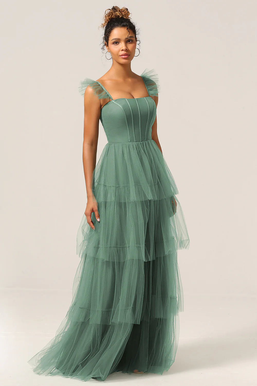 Eucalyptus A Line Spaghetti Straps Floor Length Tulle Bridesmaid Dress