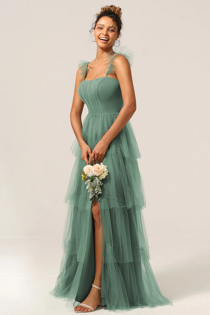 Eucalyptus A Line Spaghetti Straps Floor Length Tulle Bridesmaid Dress