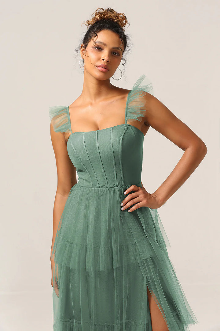 Eucalyptus A Line Spaghetti Straps Floor Length Tulle Bridesmaid Dress