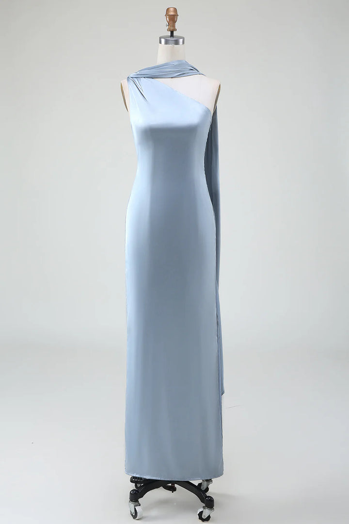 Sheath One-Shoulder Long Satin Dusty Blue Bridesmaid Dress