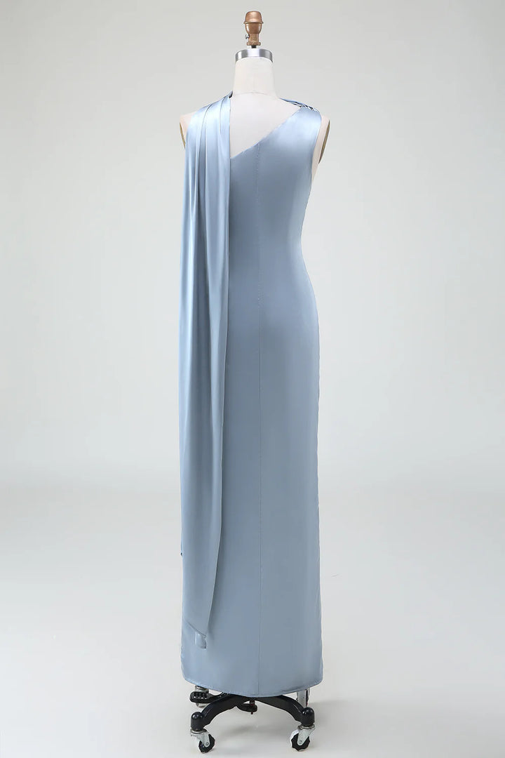 Sheath One-Shoulder Long Satin Dusty Blue Bridesmaid Dress