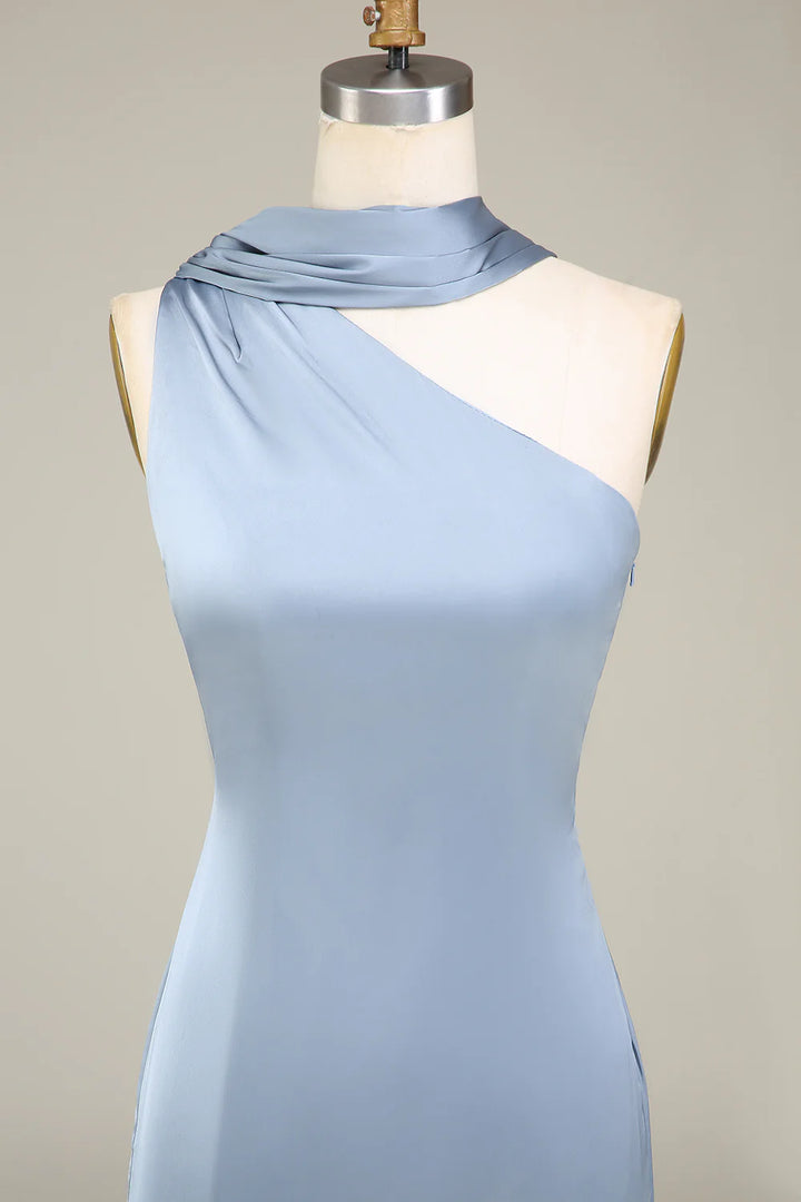 Sheath One-Shoulder Long Satin Dusty Blue Bridesmaid Dress