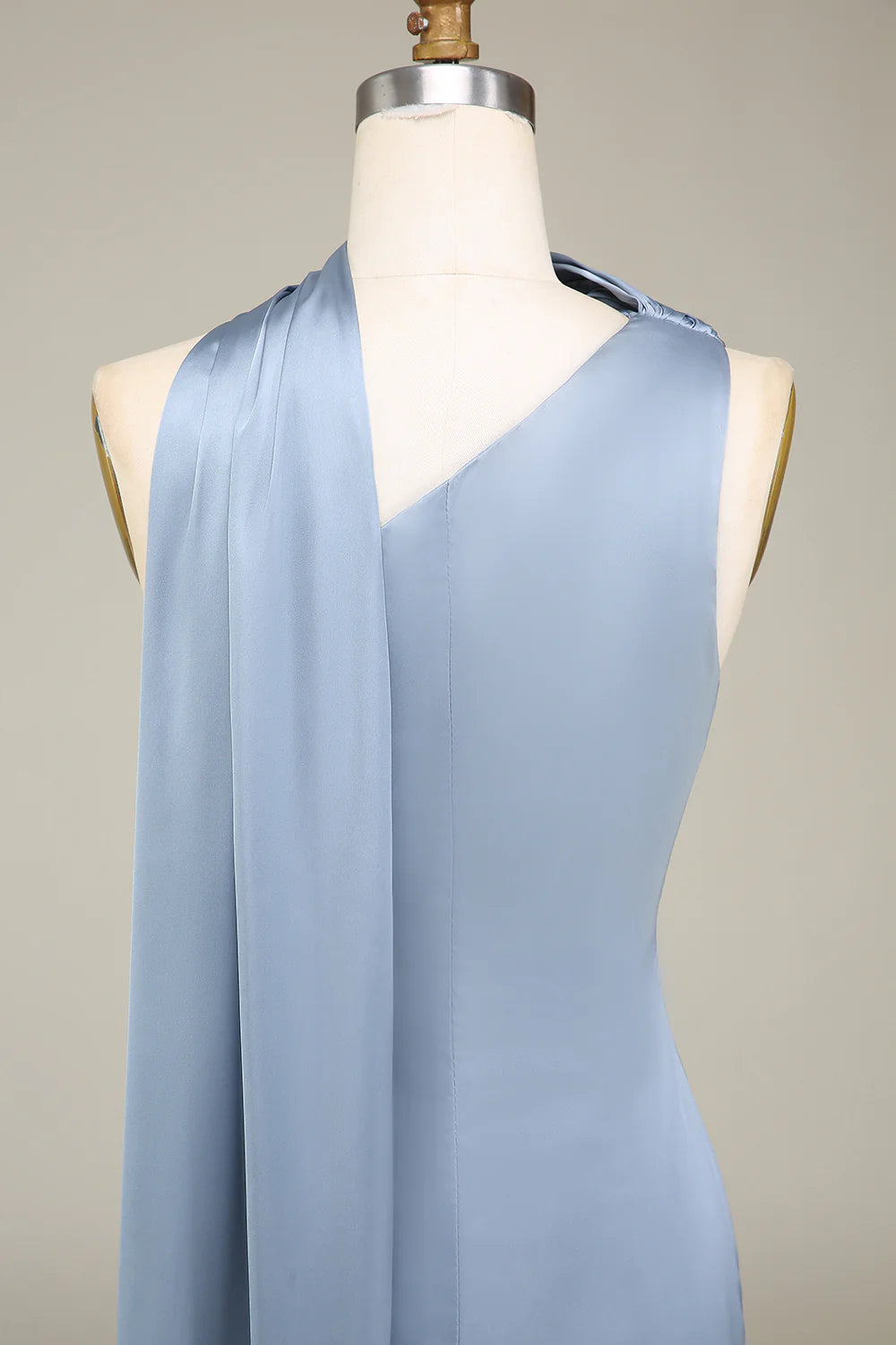 Sheath One-Shoulder Long Satin Dusty Blue Bridesmaid Dress