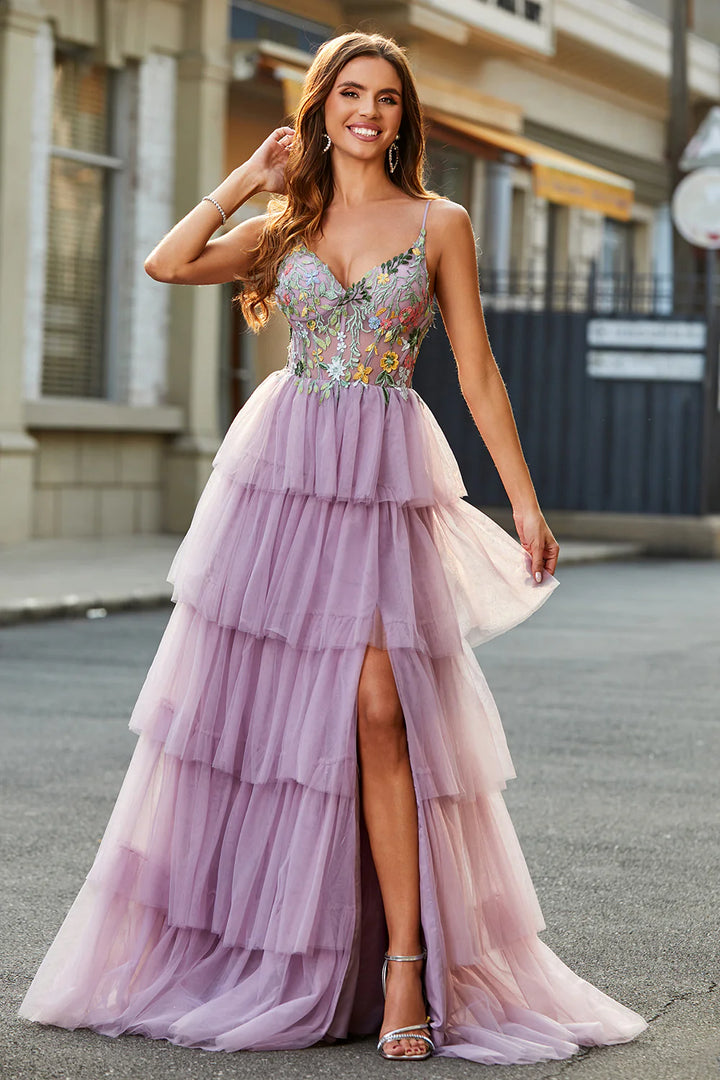 Mauve A-Line Tulle Long Corset Tiered Prom Dress With Appliques