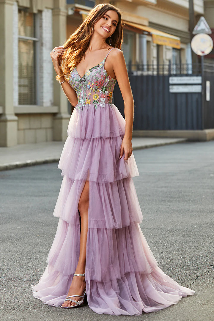 Mauve A-Line Tulle Long Corset Tiered Prom Dress With Appliques