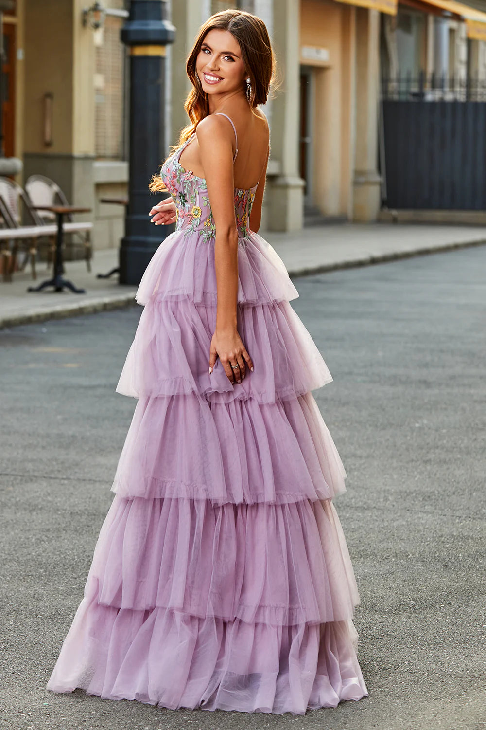 Mauve A-Line Tulle Long Corset Tiered Prom Dress With Appliques