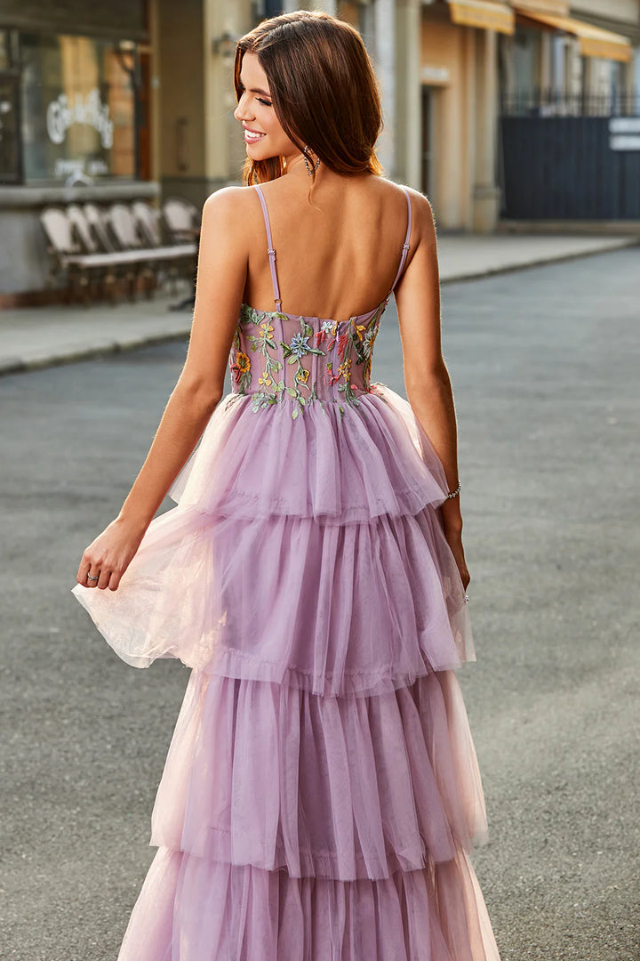 Mauve A-Line Tulle Long Corset Tiered Prom Dress With Appliques