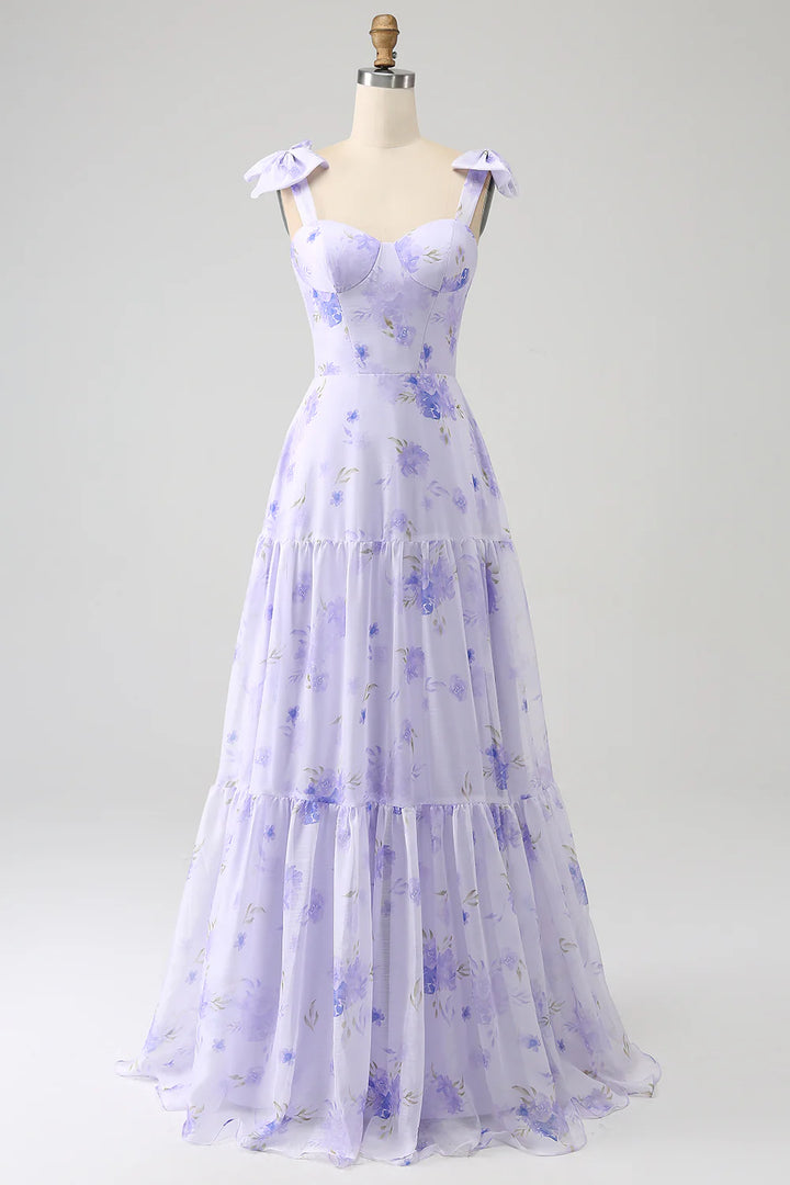 Lilac A-Line Floral Print Lace Up Floor Length Prom Dress