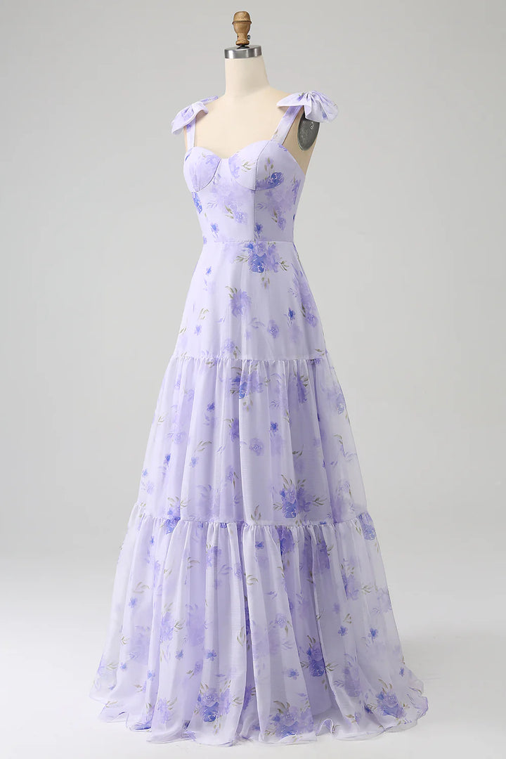 Lilac A-Line Floral Print Lace Up Floor Length Prom Dress