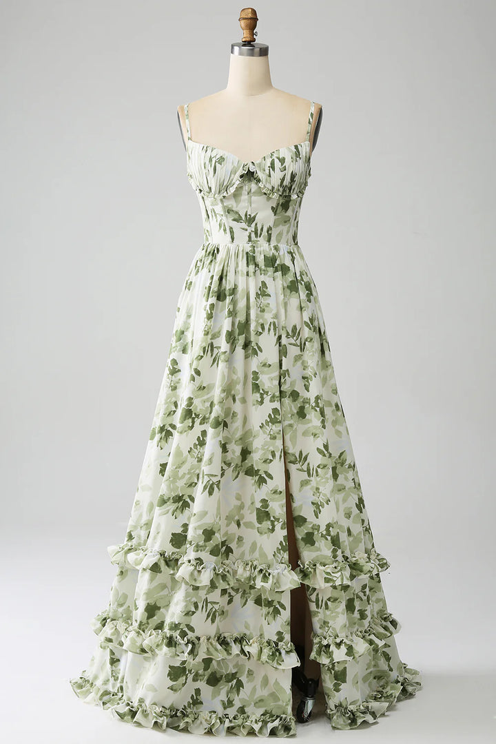 Green A-Line Spaghetti Straps Printed Floor Length Dress With Slit