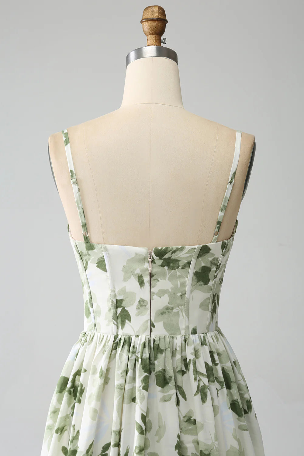 Green A-Line Spaghetti Straps Printed Floor Length Dress With Slit