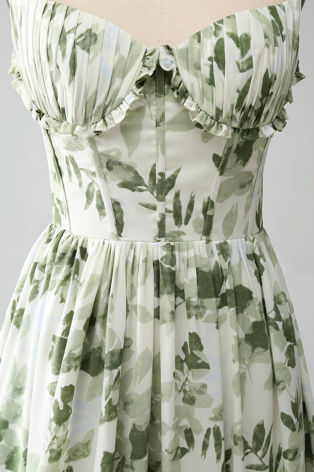 Green A-Line Spaghetti Straps Printed Floor Length Dress With Slit