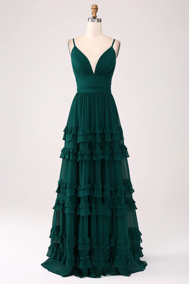 Dark Green A-Line Spaghetti Straps Tiered Pleated Floor Length Bridesmaid Dress