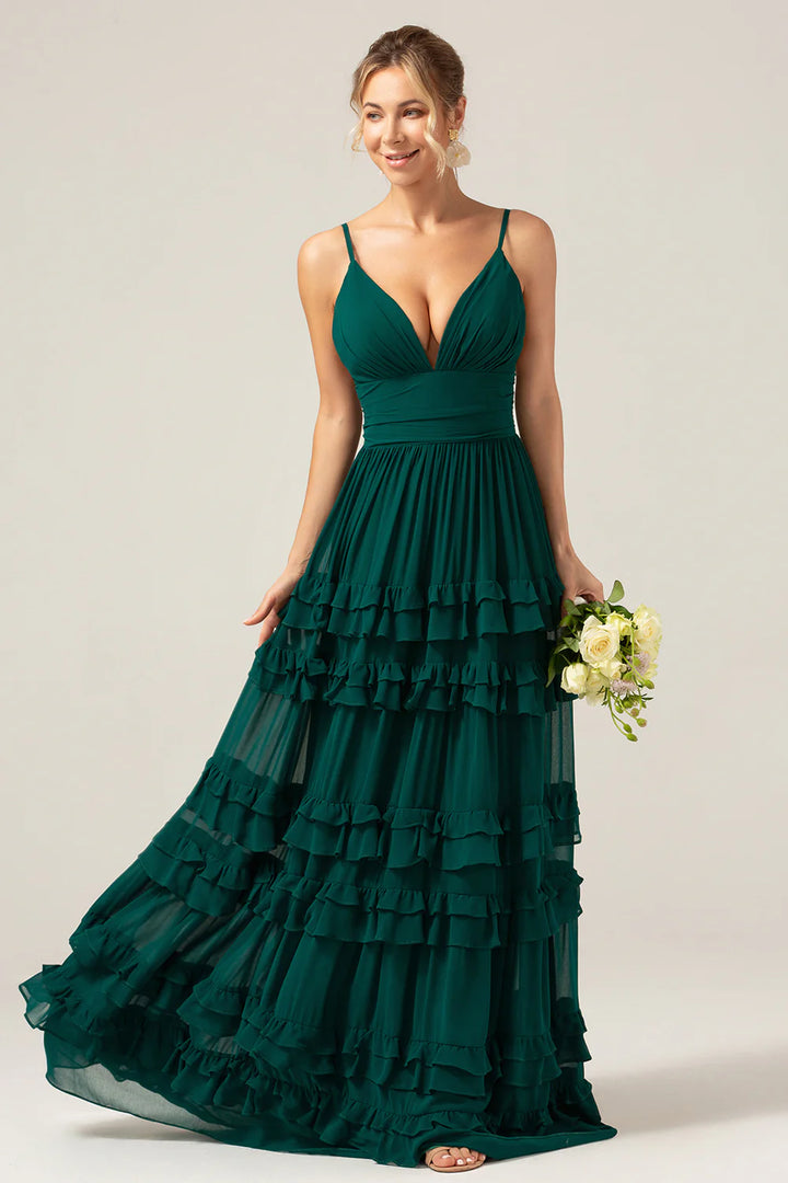 Dark Green A-Line Spaghetti Straps Tiered Pleated Floor Length Bridesmaid Dress