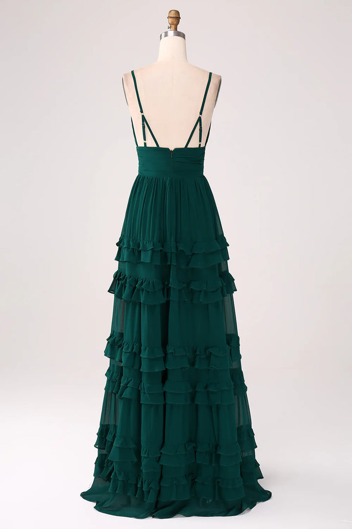 Dark Green A-Line Spaghetti Straps Tiered Pleated Floor Length Bridesmaid Dress