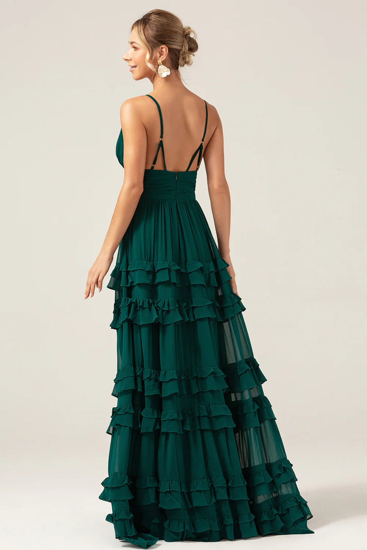 Dark Green A-Line Spaghetti Straps Tiered Pleated Floor Length Bridesmaid Dress