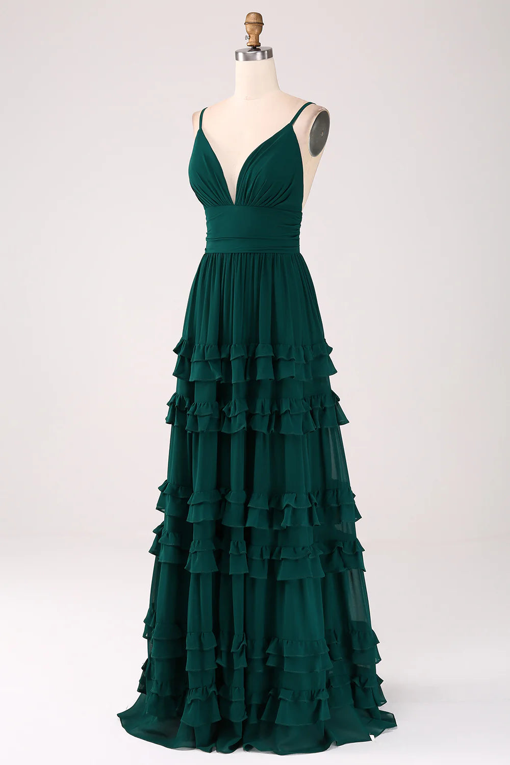 Dark Green A-Line Spaghetti Straps Tiered Pleated Floor Length Bridesmaid Dress