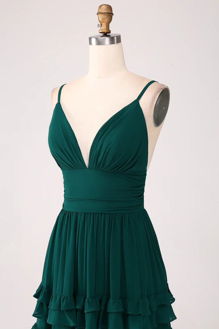 Dark Green A-Line Spaghetti Straps Tiered Pleated Floor Length Bridesmaid Dress