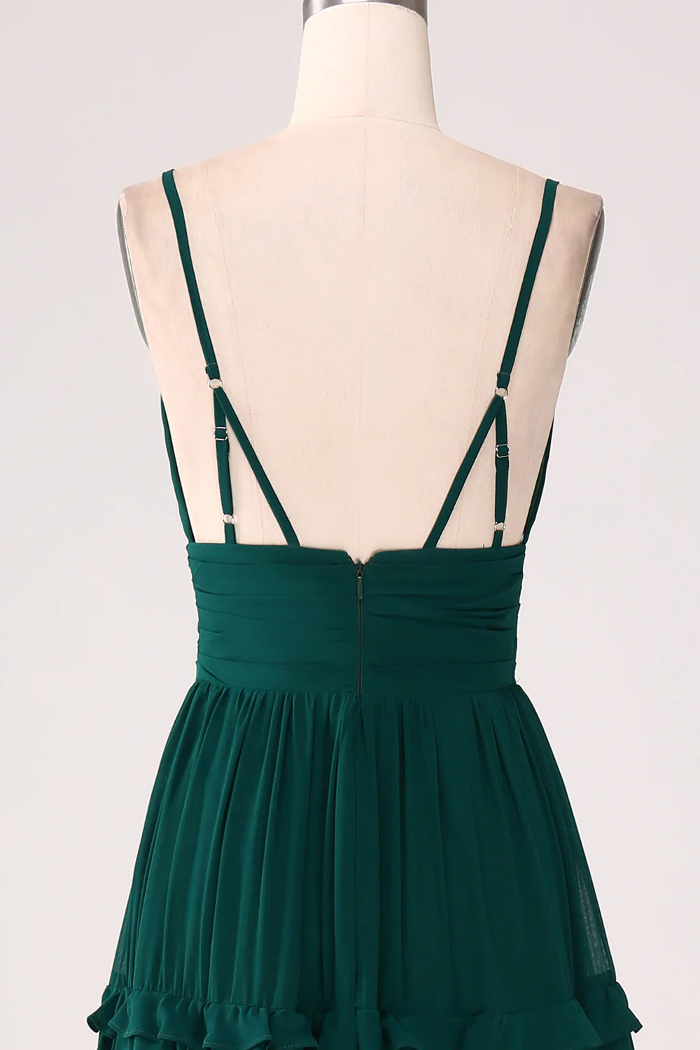 Dark Green A-Line Spaghetti Straps Tiered Pleated Floor Length Bridesmaid Dress