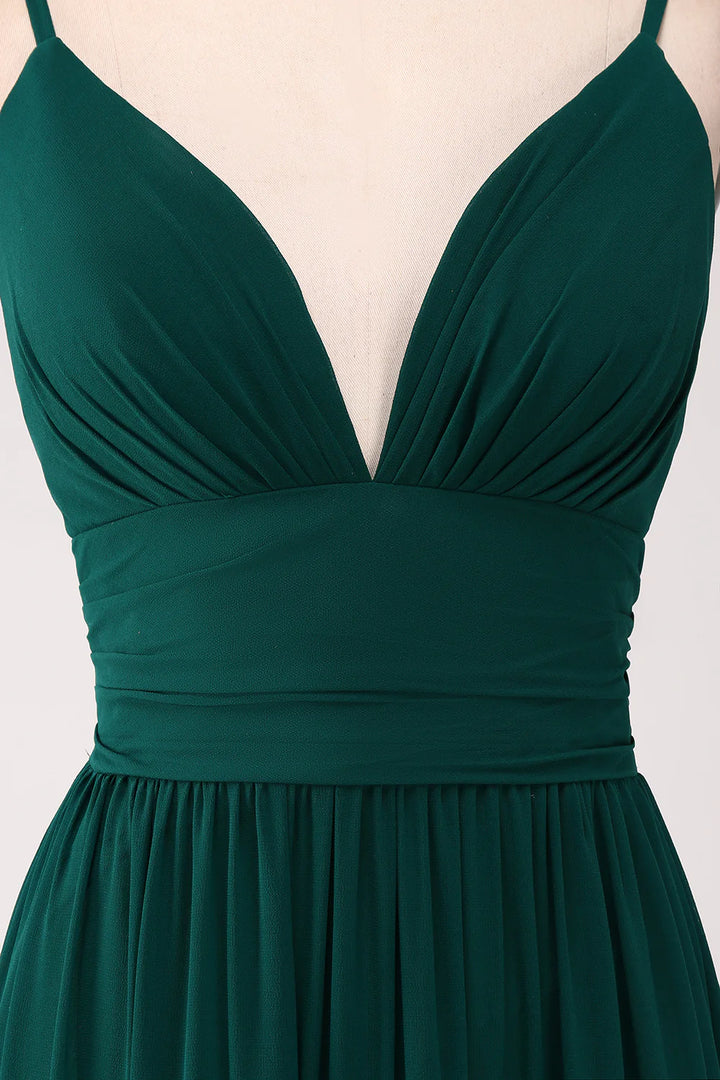 Dark Green A-Line Spaghetti Straps Tiered Pleated Floor Length Bridesmaid Dress