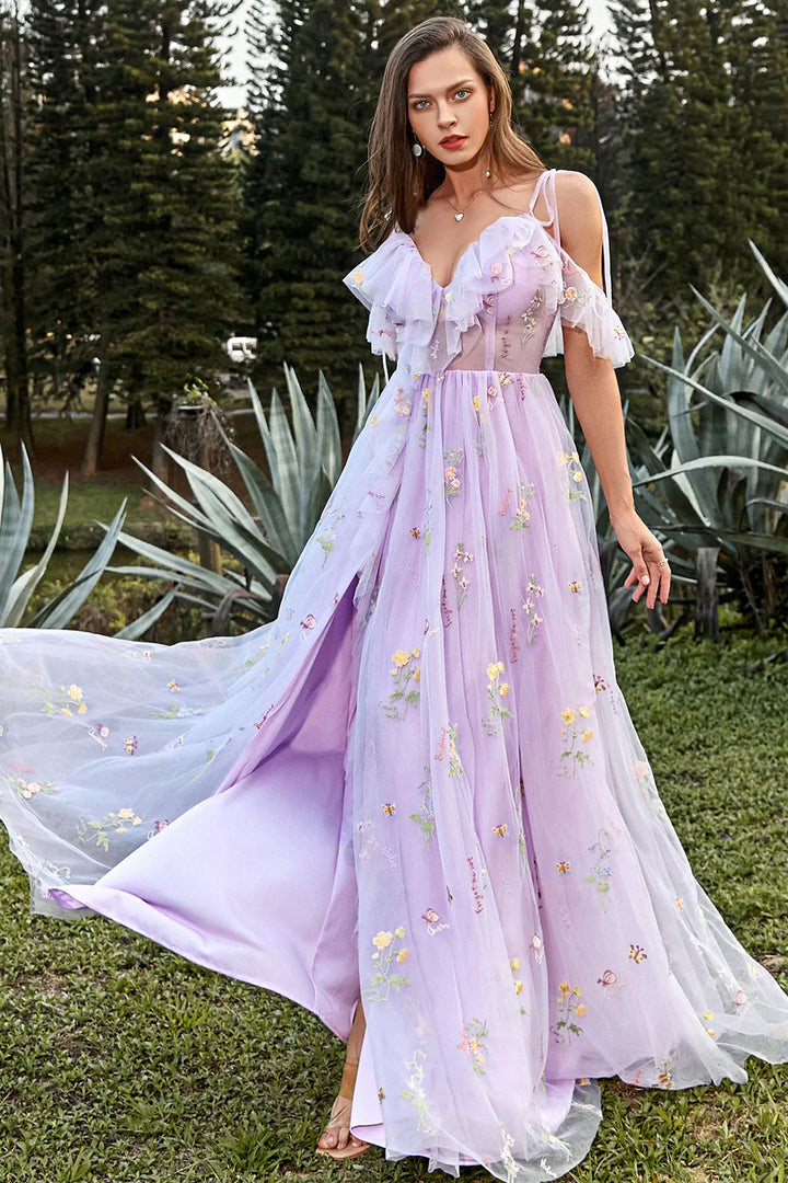 Lavender A-Line V-Neck Spaghetti Straps Embroidery Prom Dress with Slit