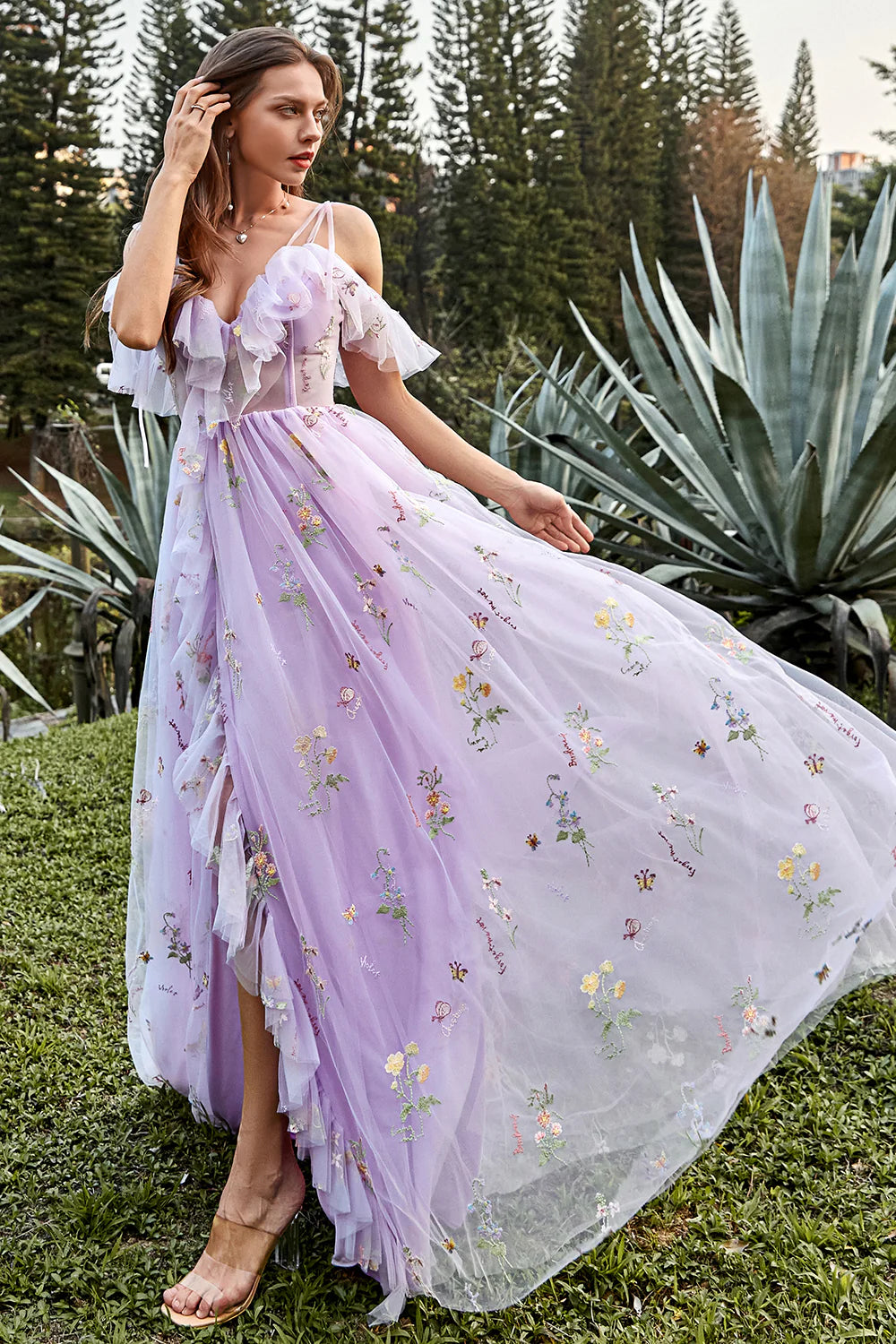 Lavender A-Line V-Neck Spaghetti Straps Embroidery Prom Dress with Slit