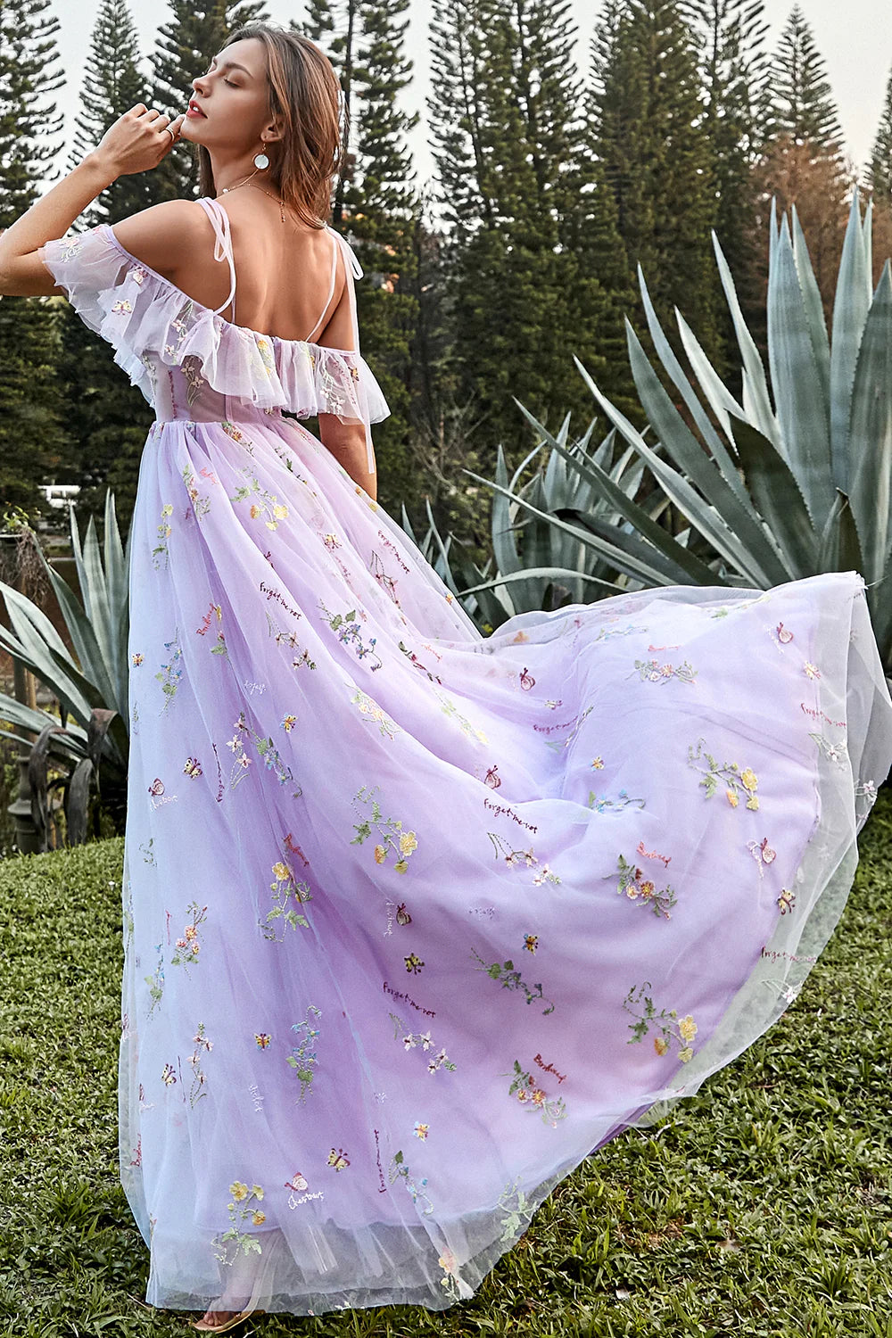 Lavender A-Line V-Neck Spaghetti Straps Embroidery Prom Dress with Slit