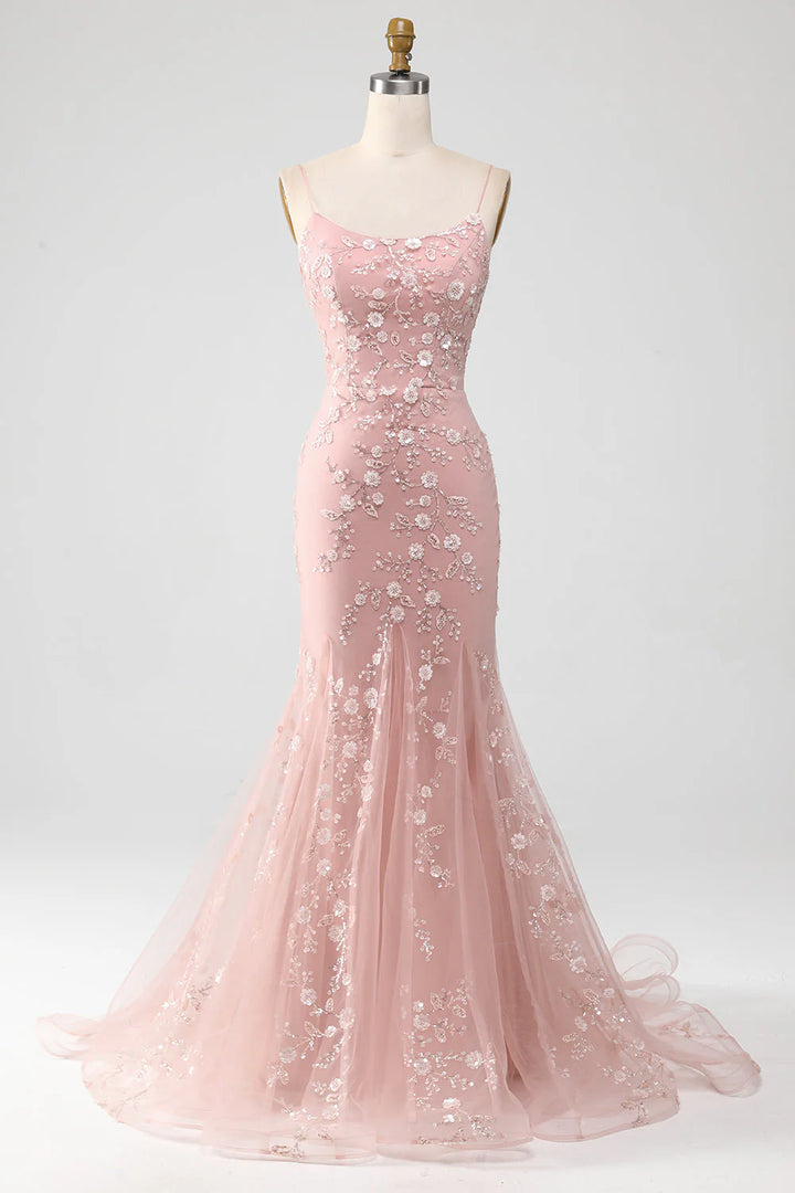 Blush Mermiad Spaghetti Straps Long Prom Dress with Appliques