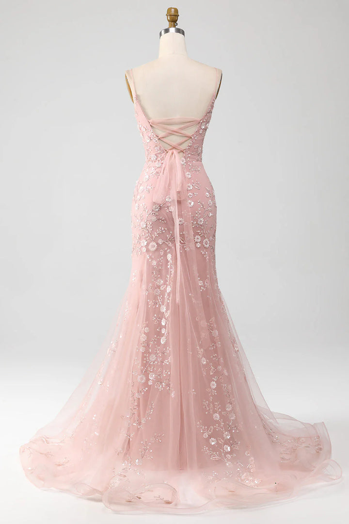 Blush Mermiad Spaghetti Straps Long Prom Dress with Appliques