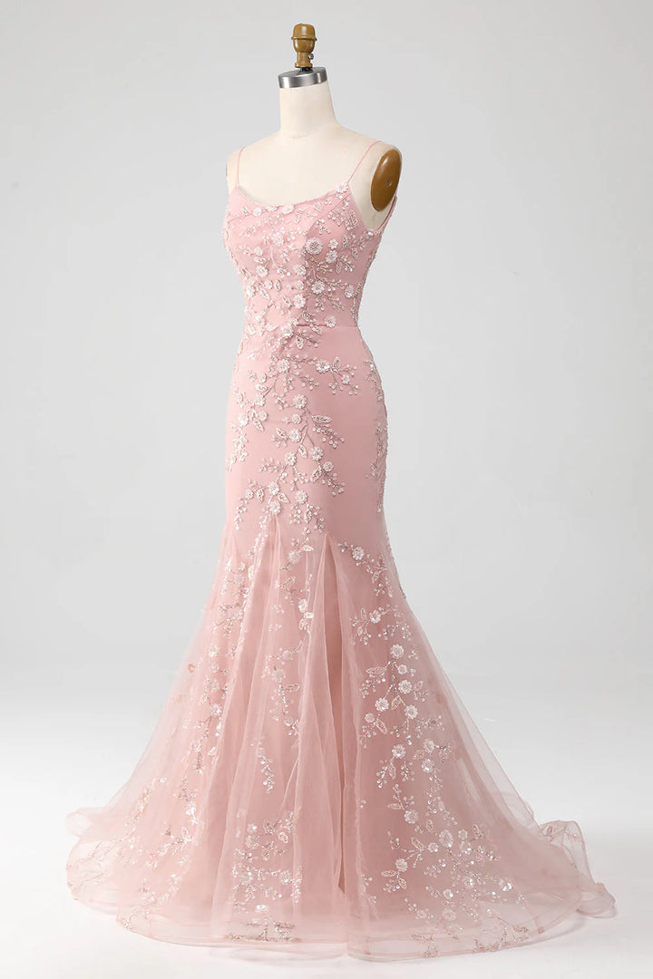 Blush Mermiad Spaghetti Straps Long Prom Dress with Appliques