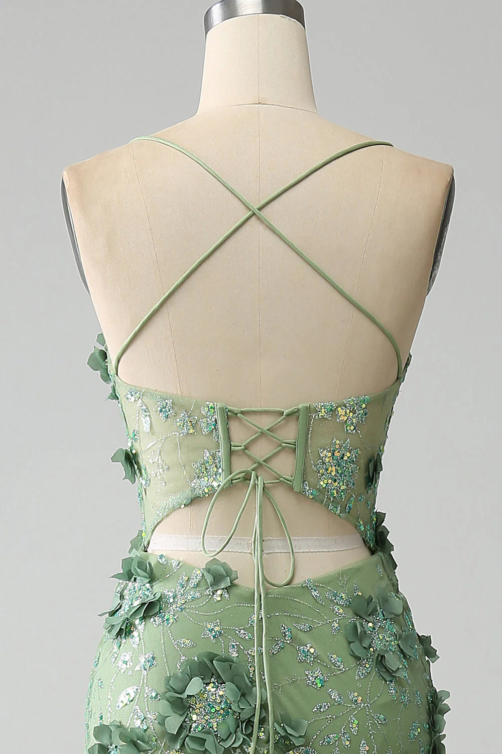 Green Mermaid Spaghetti Straps Corset Applique Long Prom Dress with Slit