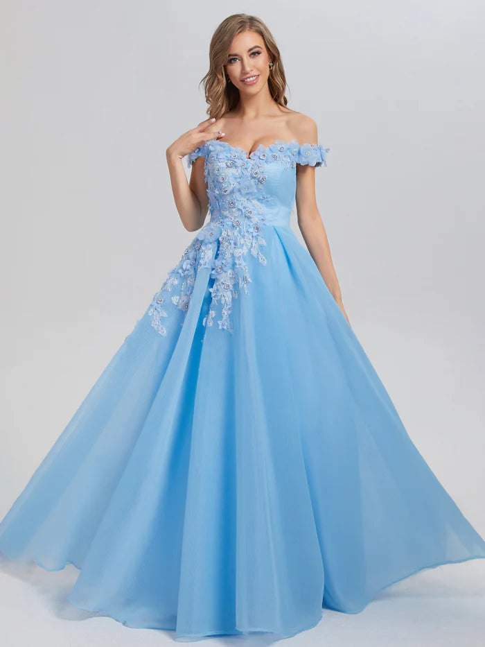 A-line Off the Shoulder Appliques Prom Dresses