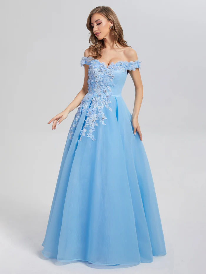 A-line Off the Shoulder Appliques Prom Dresses