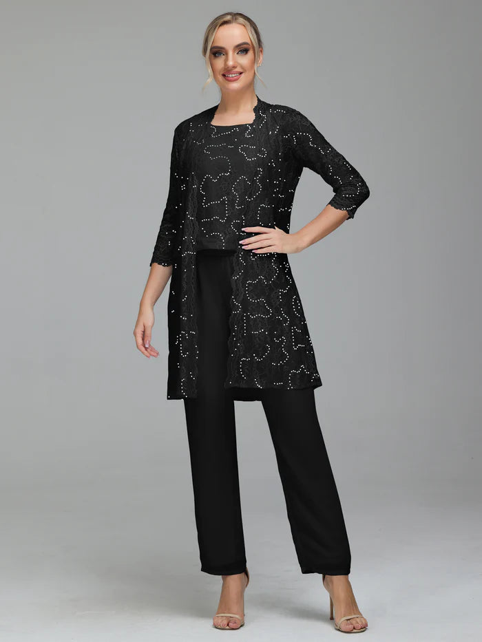 Chic Chiffon Lace 3 Pieces Long Sleeves Mother Of The Bride Dress Pants Suits