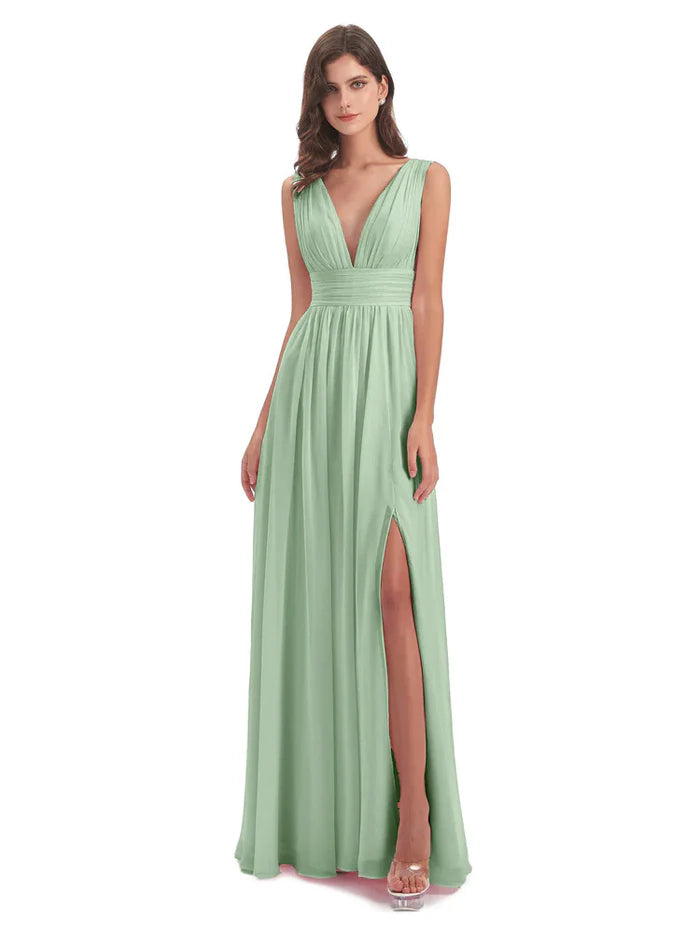 Emma Floor Length V Neck Split Chiffon Bridesmaid Dresses