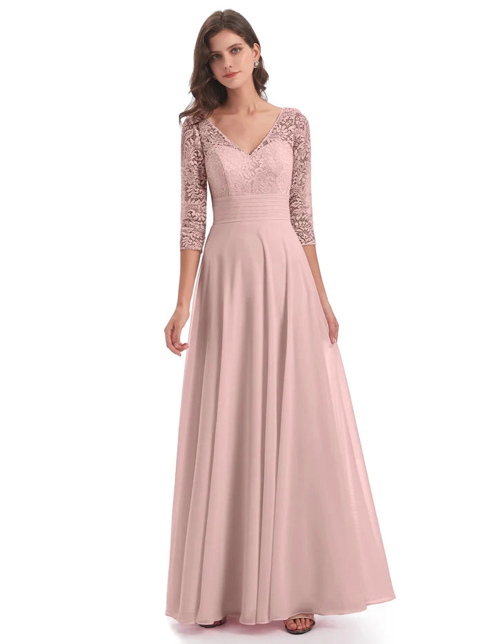 3/4 Length Sleeves V-Neck Lace Mother of the Bride Dresses