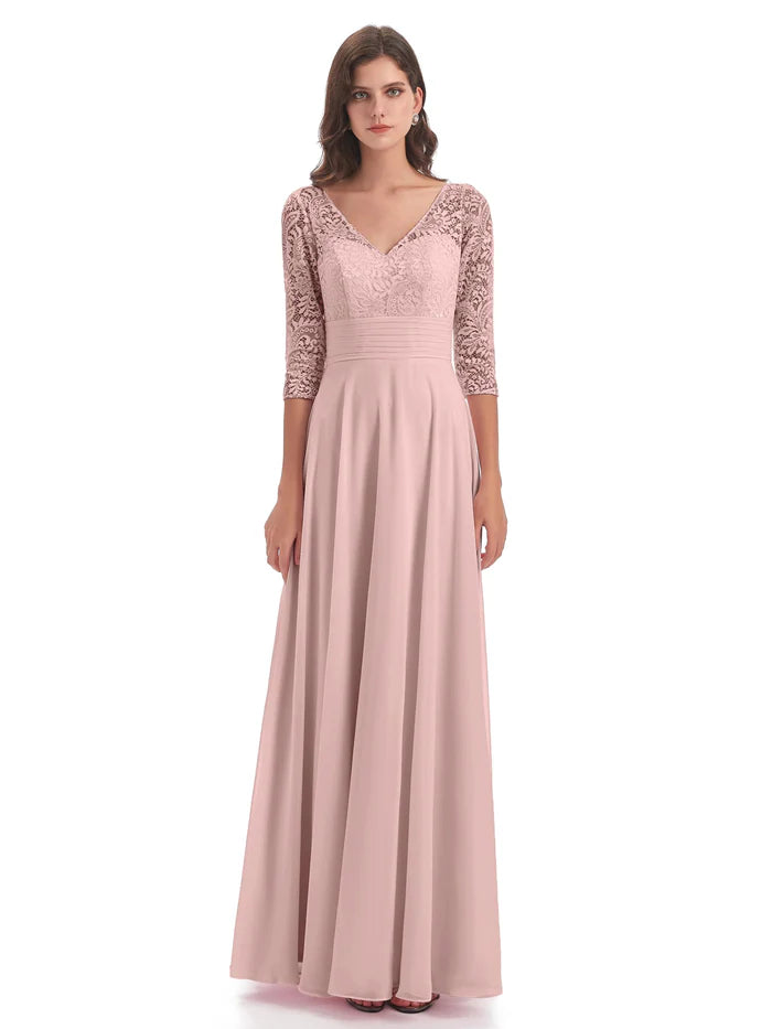 3/4 Length Sleeves V-Neck Lace Mother of the Bride Dresses